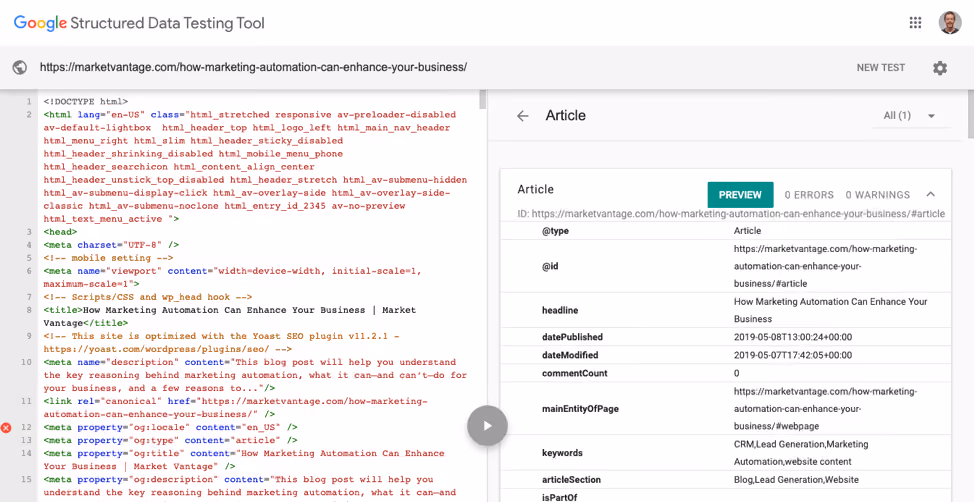 Screenshot of Google Structured Data Testing Tool