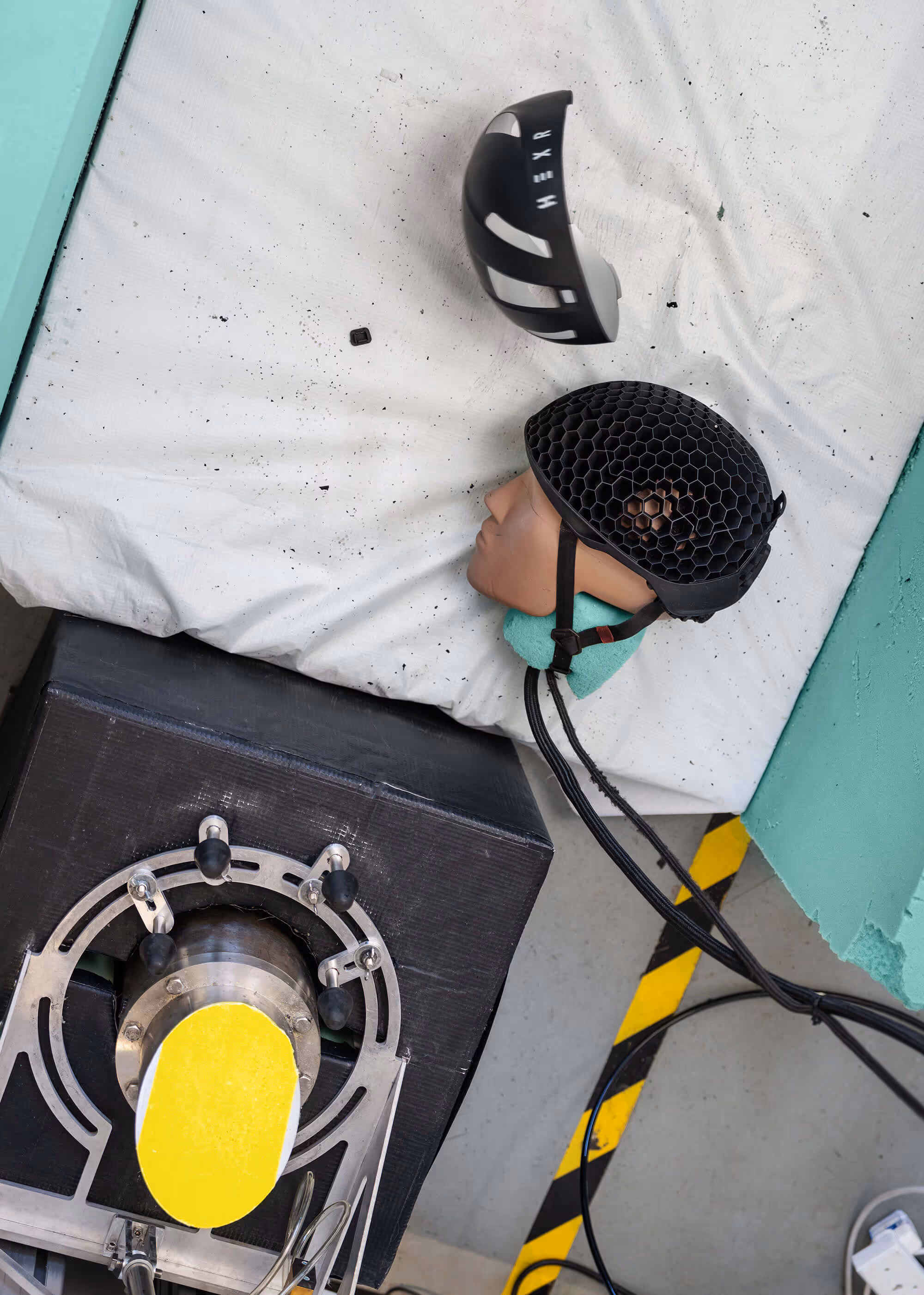 A HEXR helmet after a controlled crash test