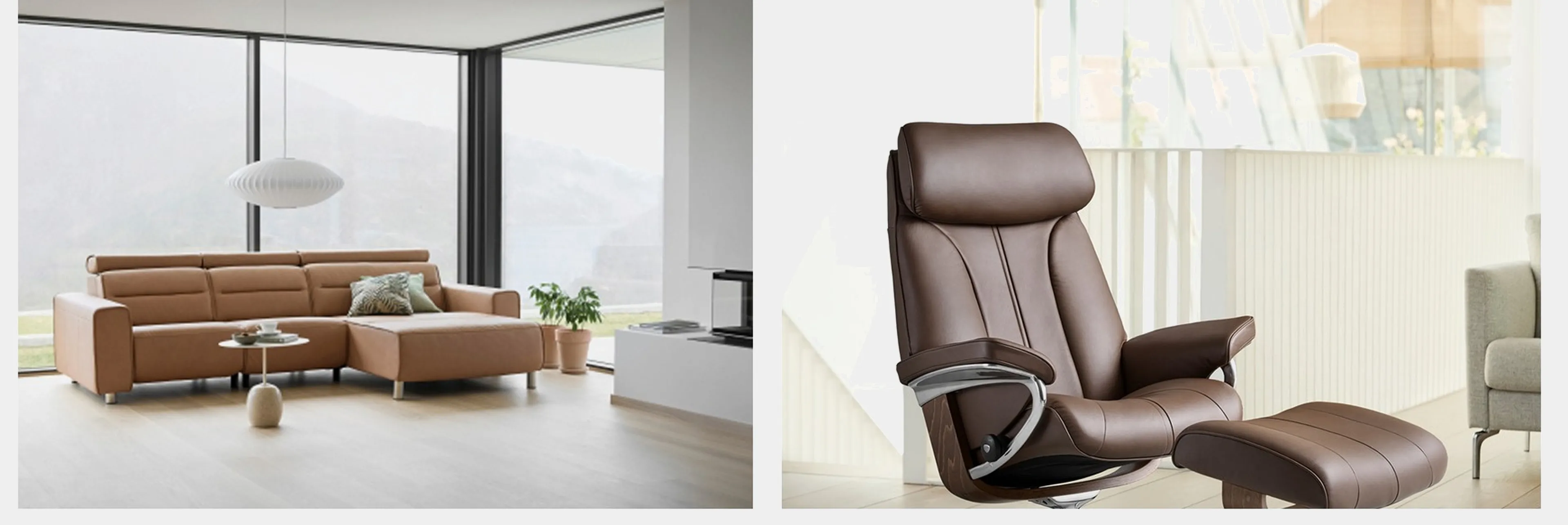 Two Square images side by side on left beige sofa on right dark brown chair 