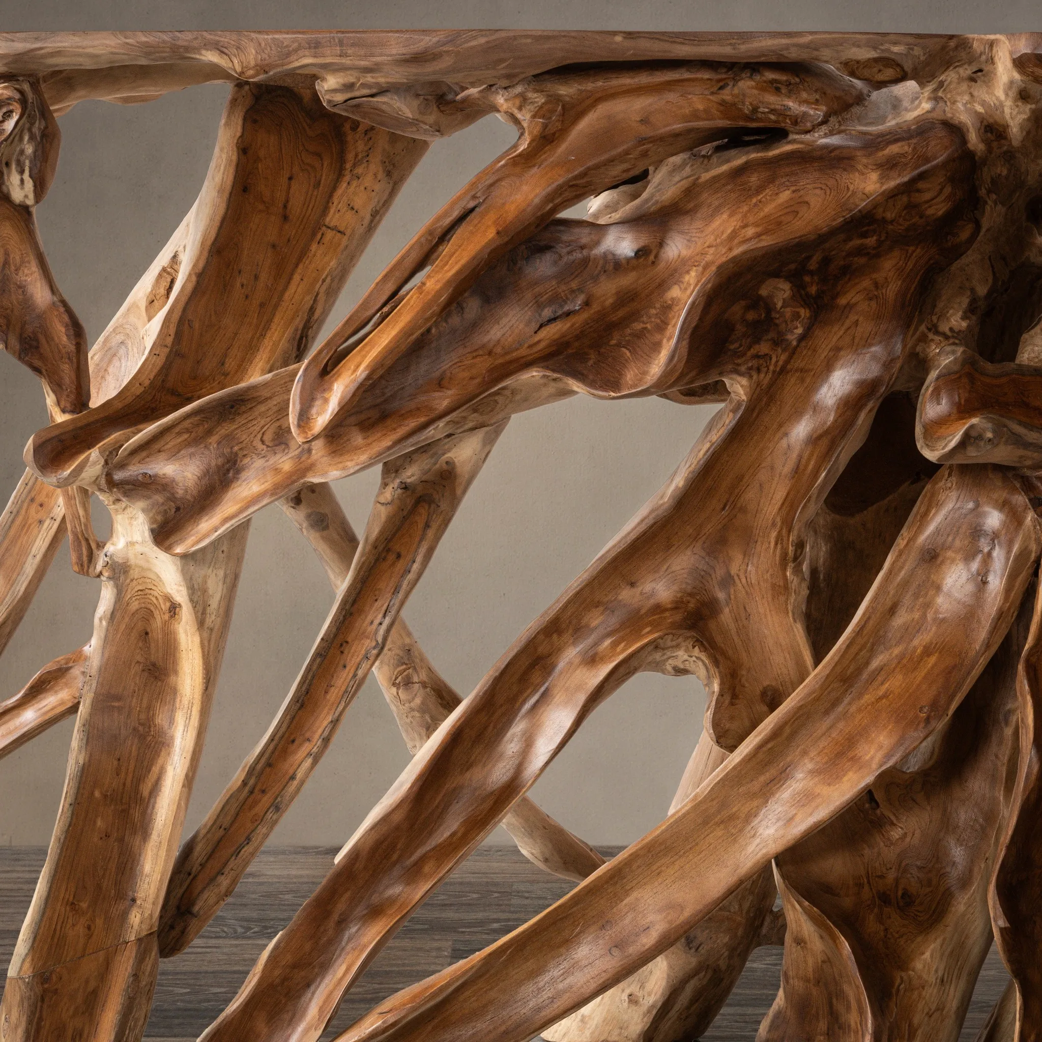 Closeup of wooden roots that are part of a piece of furniture 