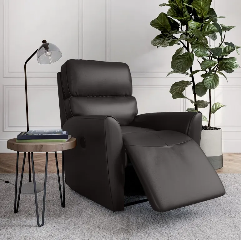 Black leather recliner with large green plant next to recliner and small wooden side table with book 