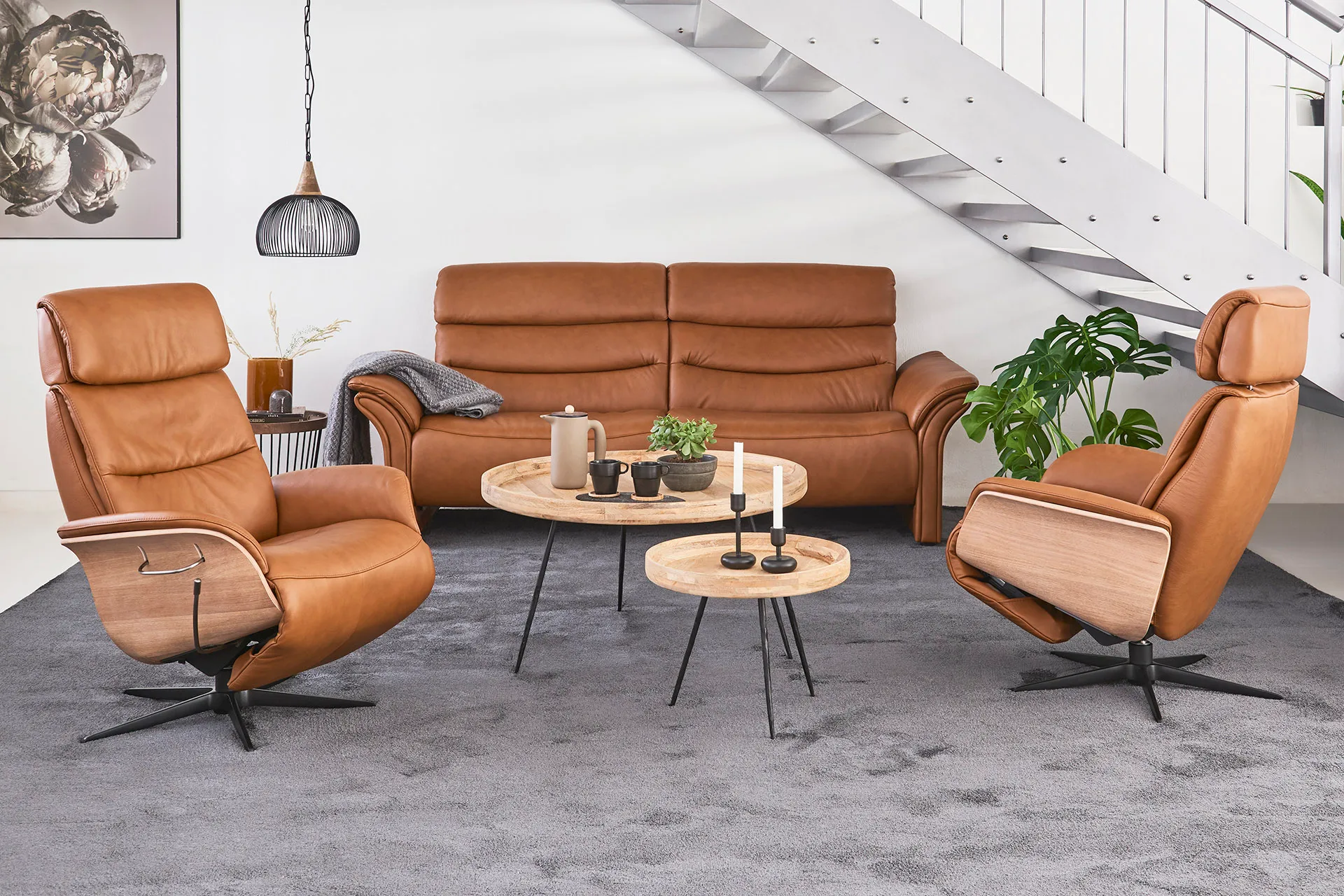 Hjort Knudsen brown leather living room set with two recliners and sofa