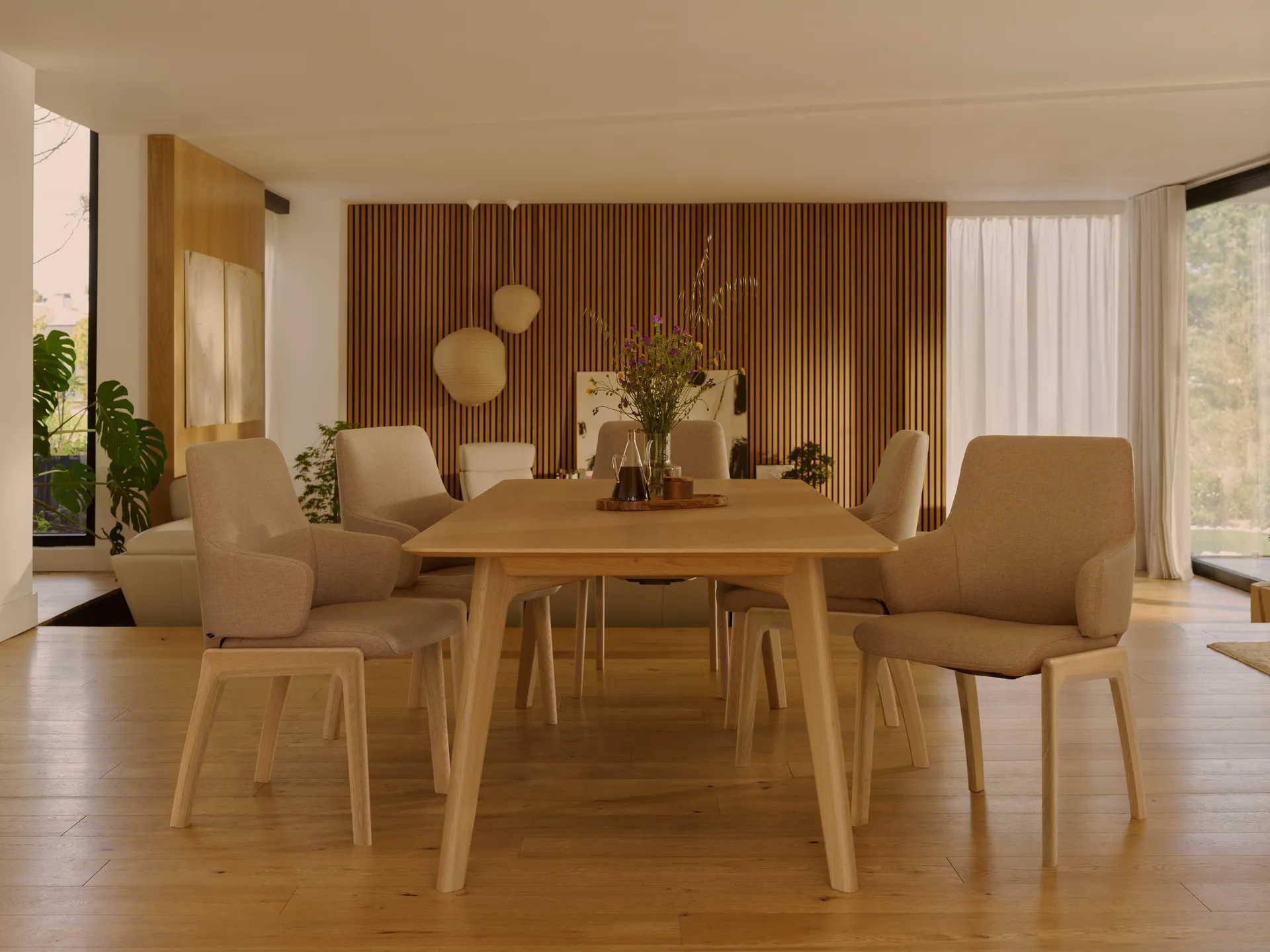 A dining set in a warmly lit kitchen