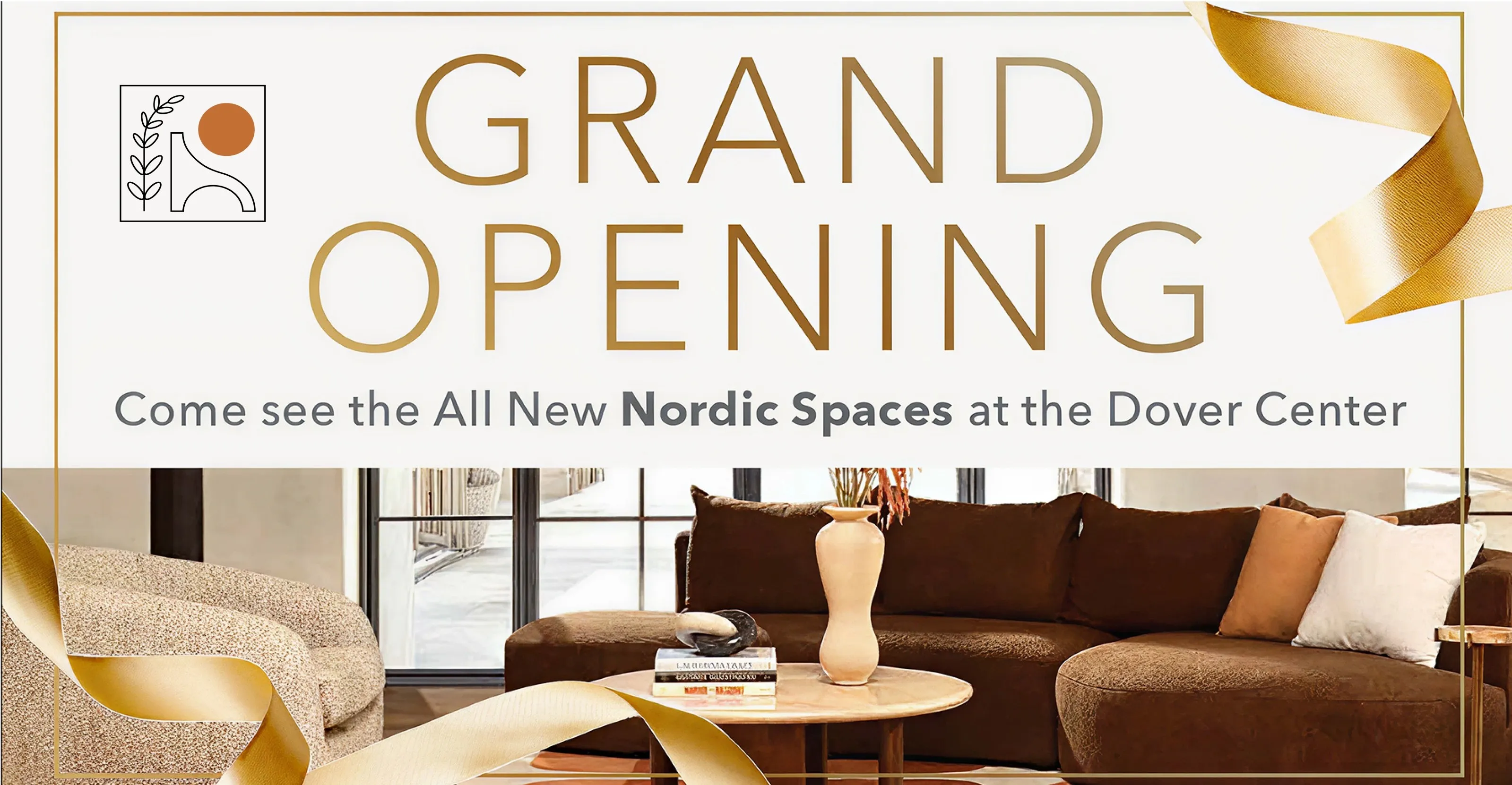 Gold and white homepage banner that reads " Grand opening" with picture of brown sofa