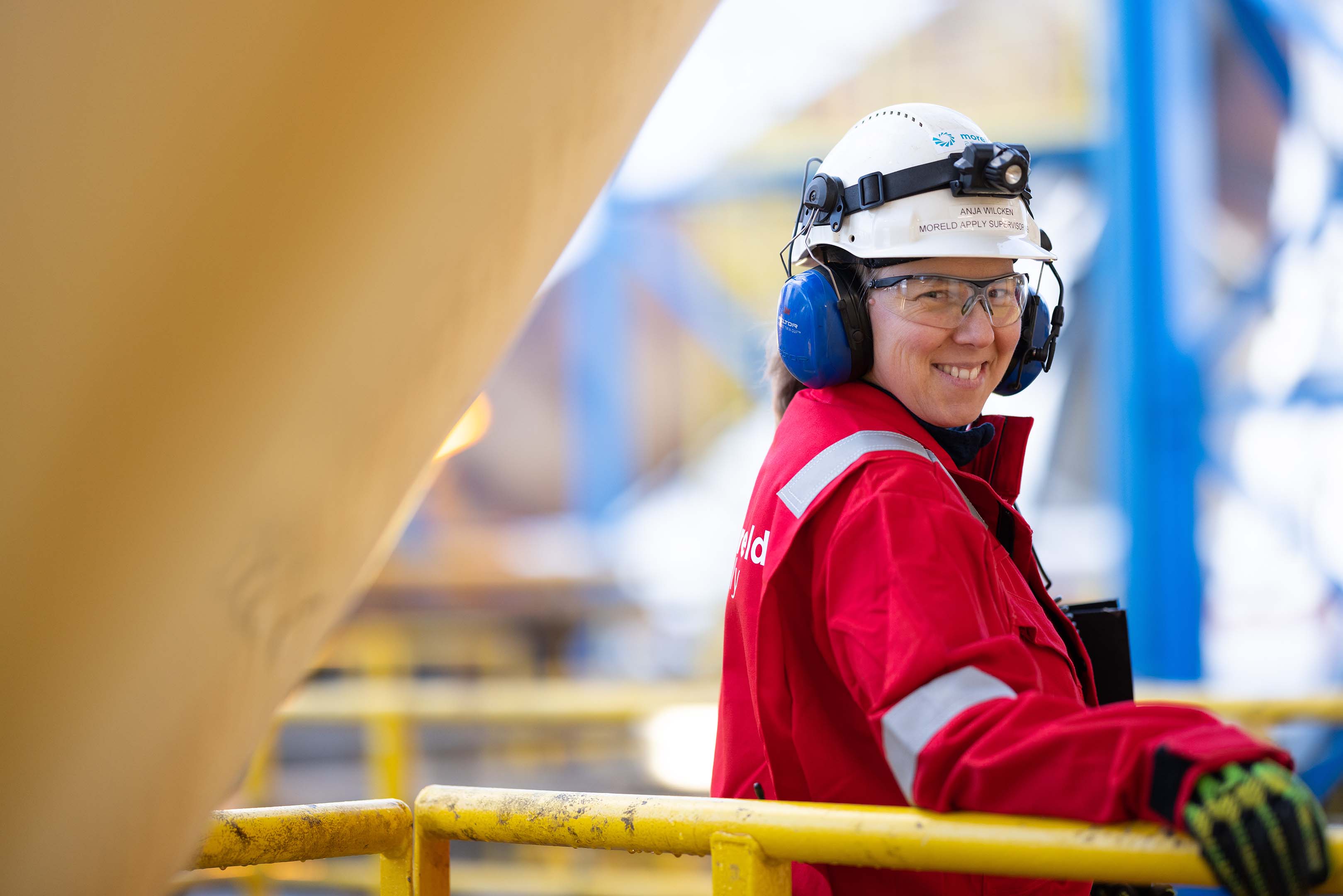 Moreld Apply oil rig worker with safety gear at Gullfaks