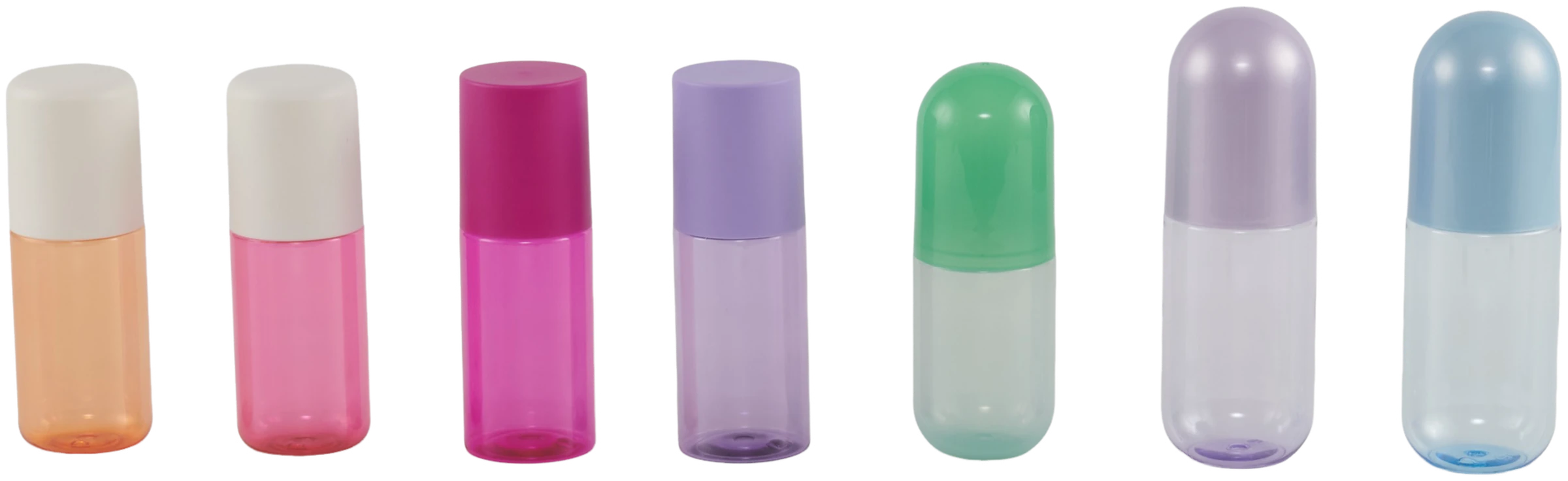 Seven capsule-shaped cosmetic bottles in graduated colours with matching caps
