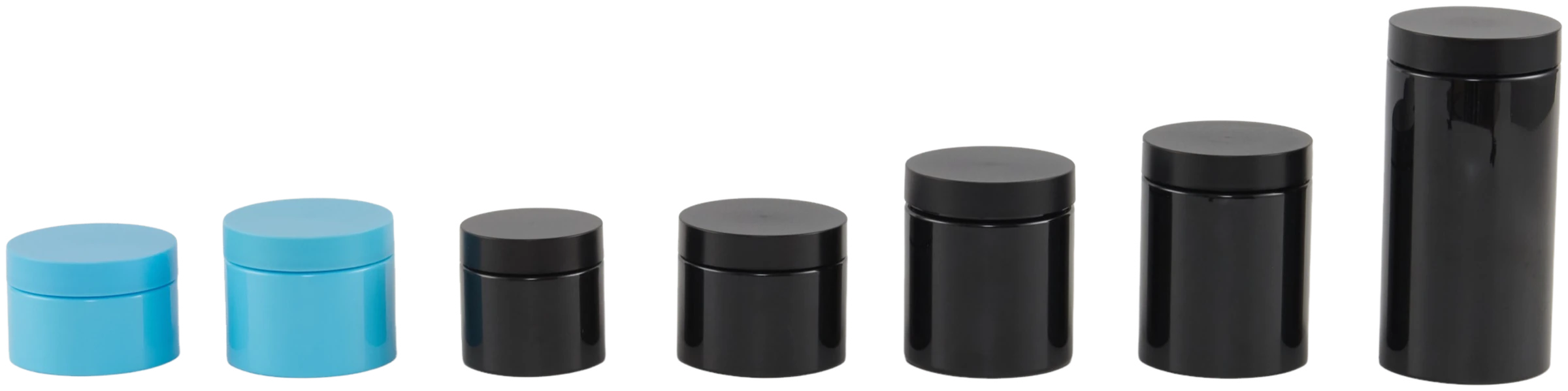 Child-resistant cannabis packaging: two blue jars and five opaque black jars and tubes, arranged smallest to largest
