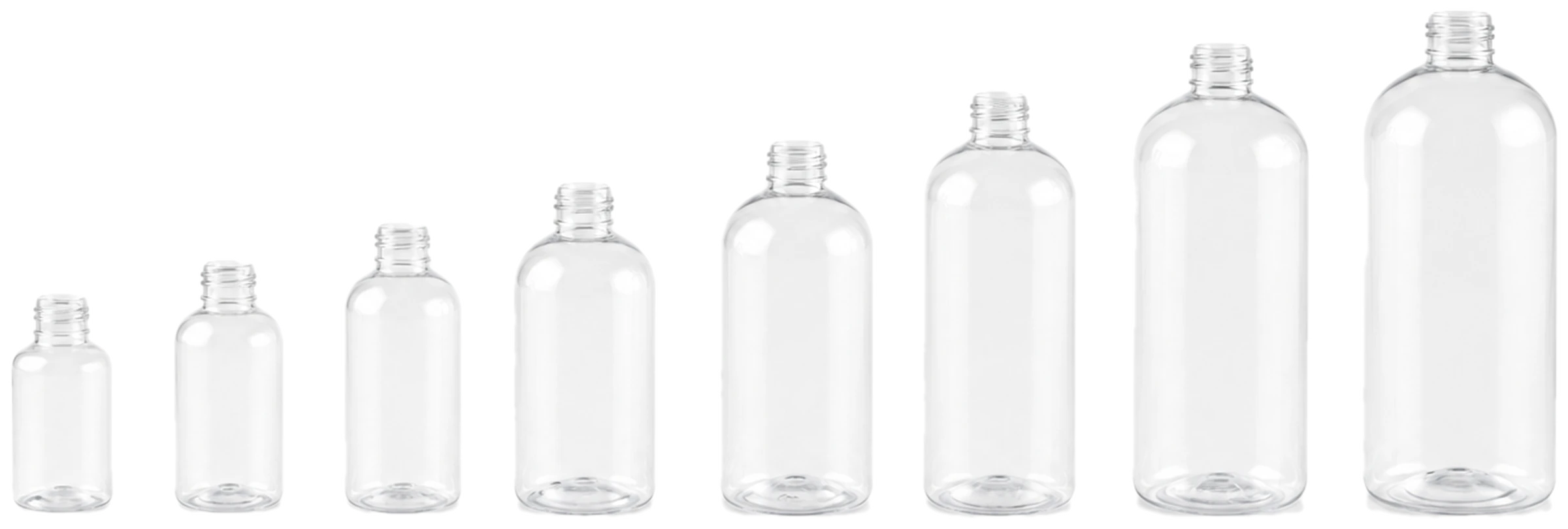 Eight clear PET Boston round bottles arranged smallest to largest, molded by Jadewell