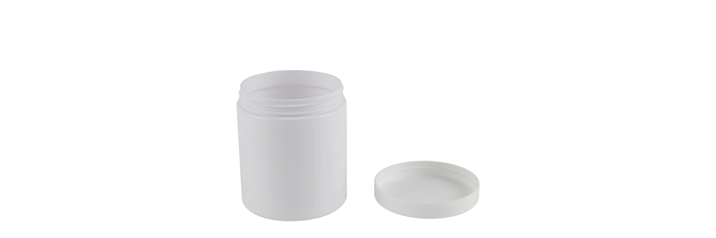 White HDPE wide-mouth supplement packer jar shown with its lid alongside