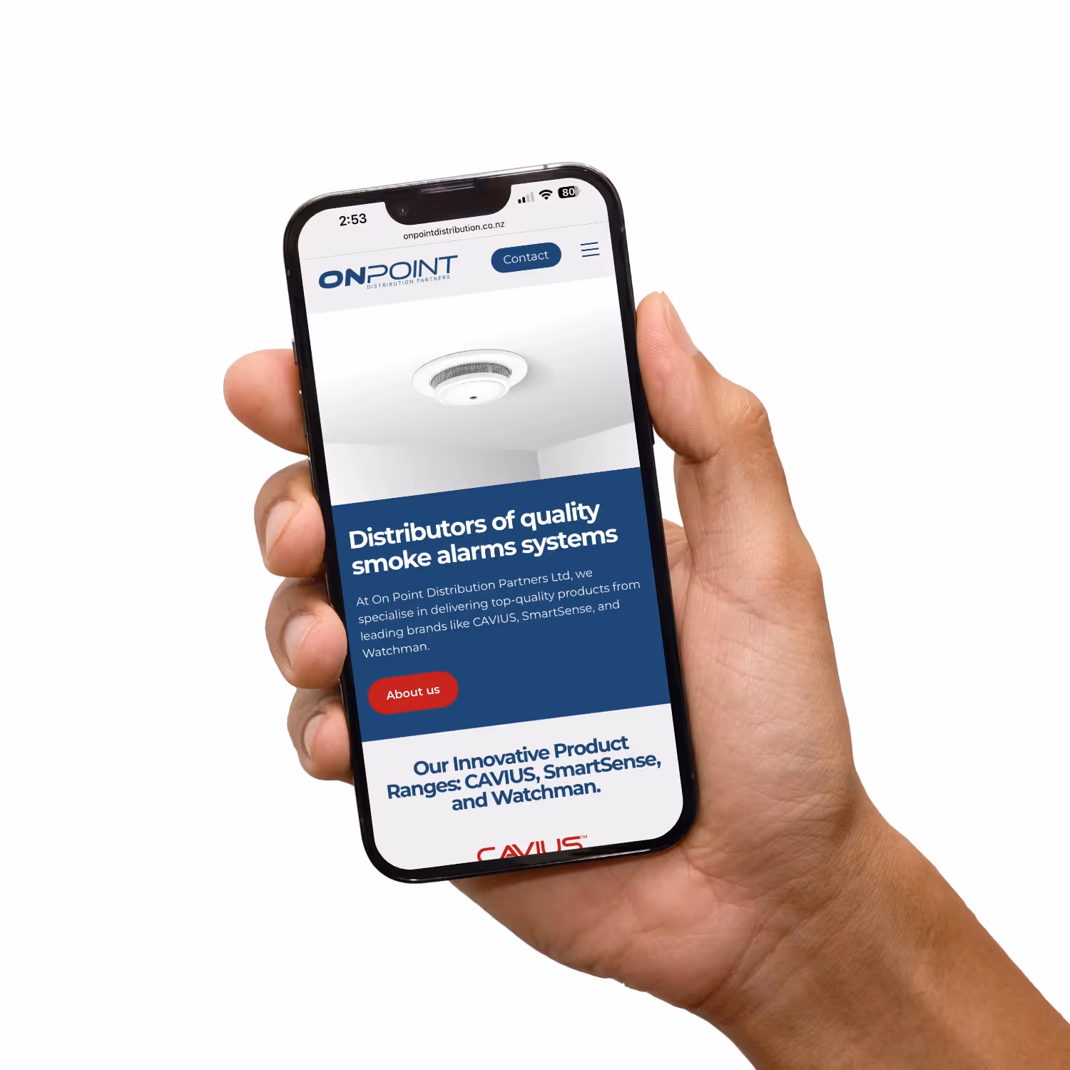 Hand holding iPhone with On Point website.