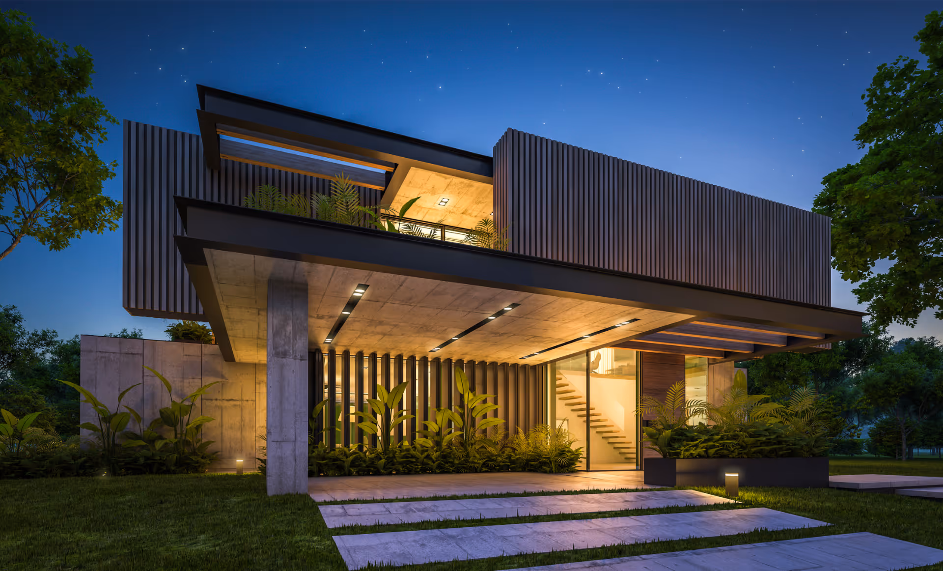 Architecturally designed home taken at evening. 
