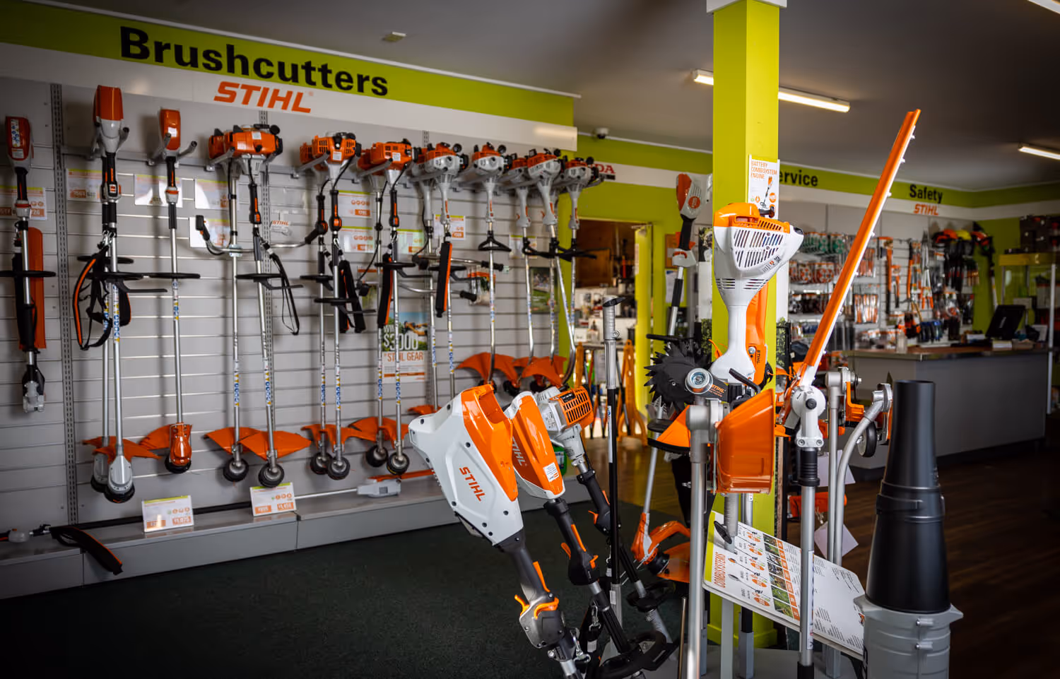 Showroom of still shots with line trimmers. 
