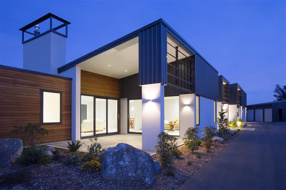 Evening shot of modern home. 