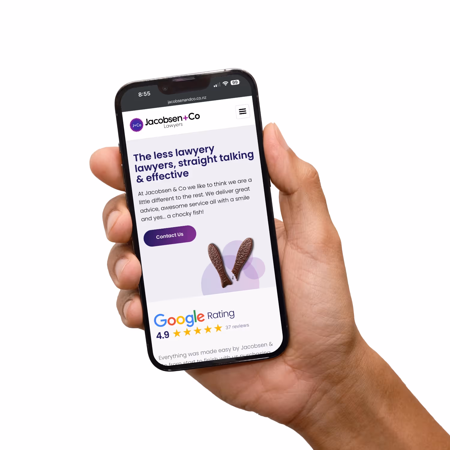 Hand holding mobile phone with Jacobsen website.