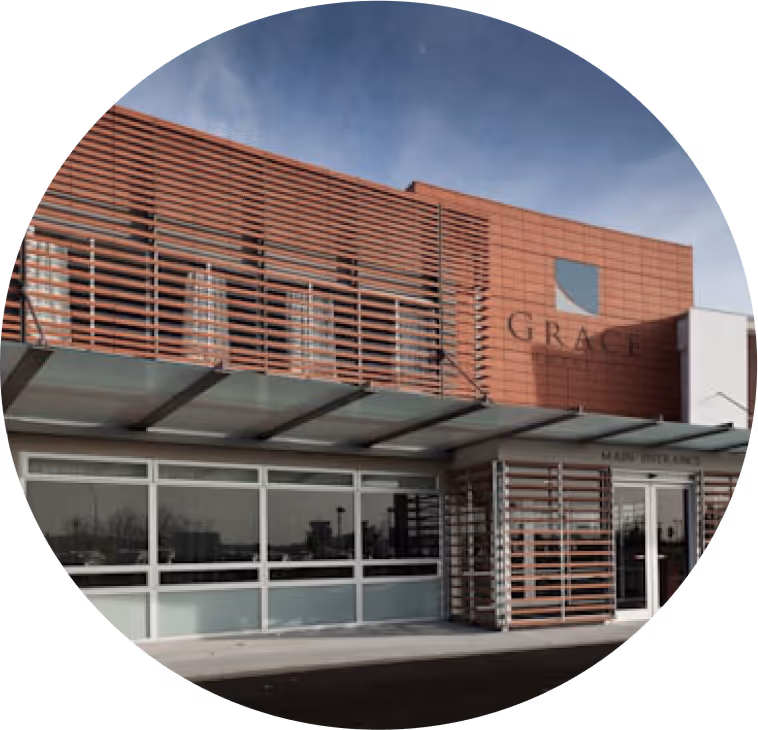 Exterior of a brick building. 