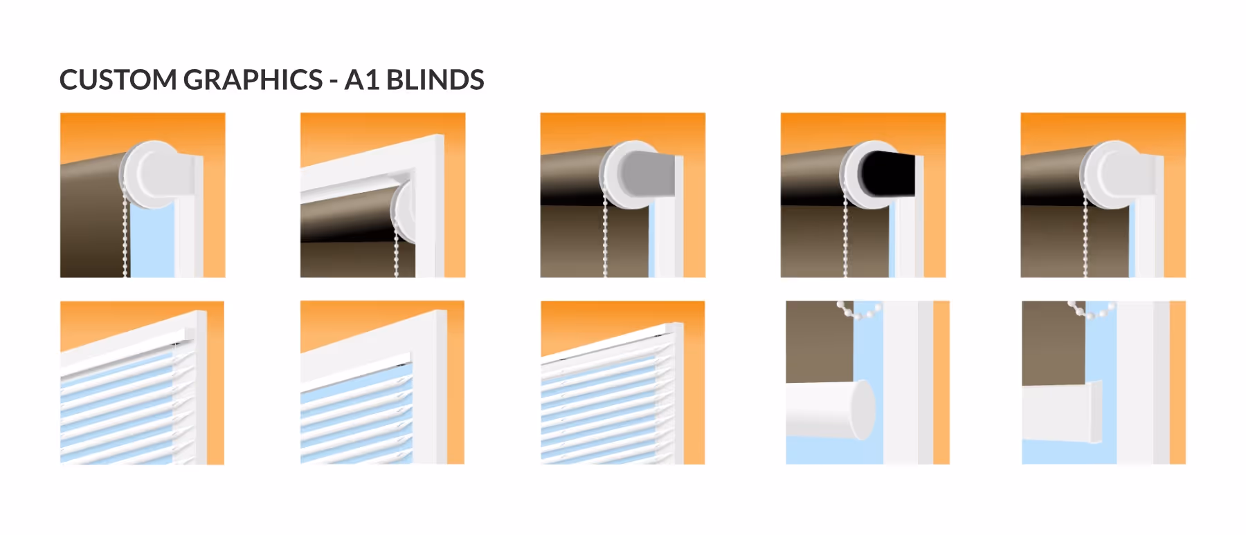 Various graphics explaining the fitments of roller and Venetian blinds.