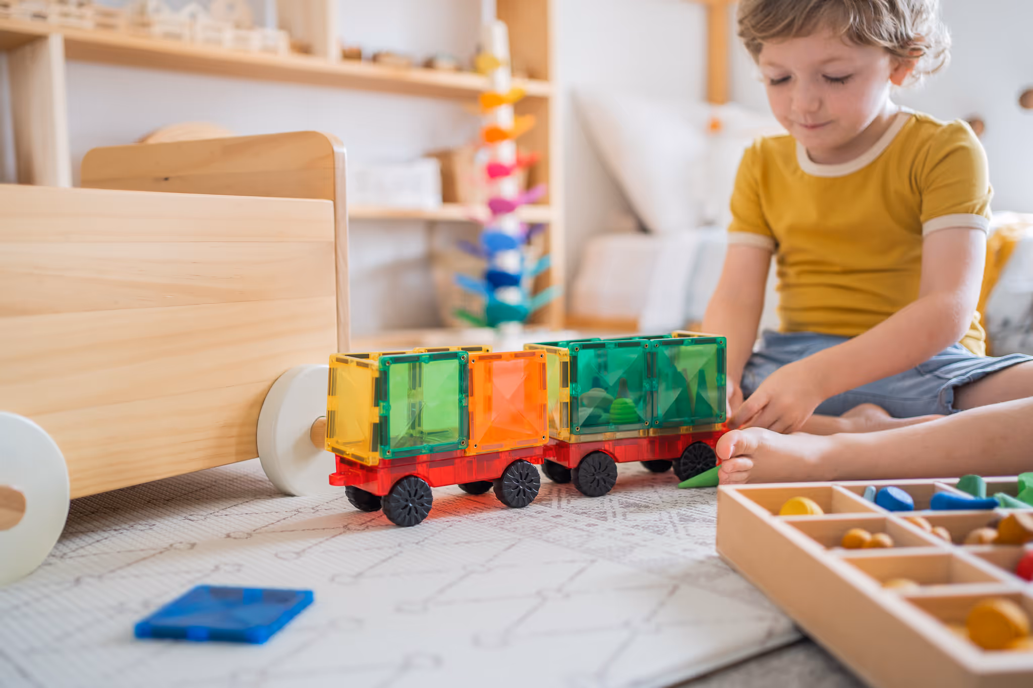 Child playing with kinetics magnetic tile. 