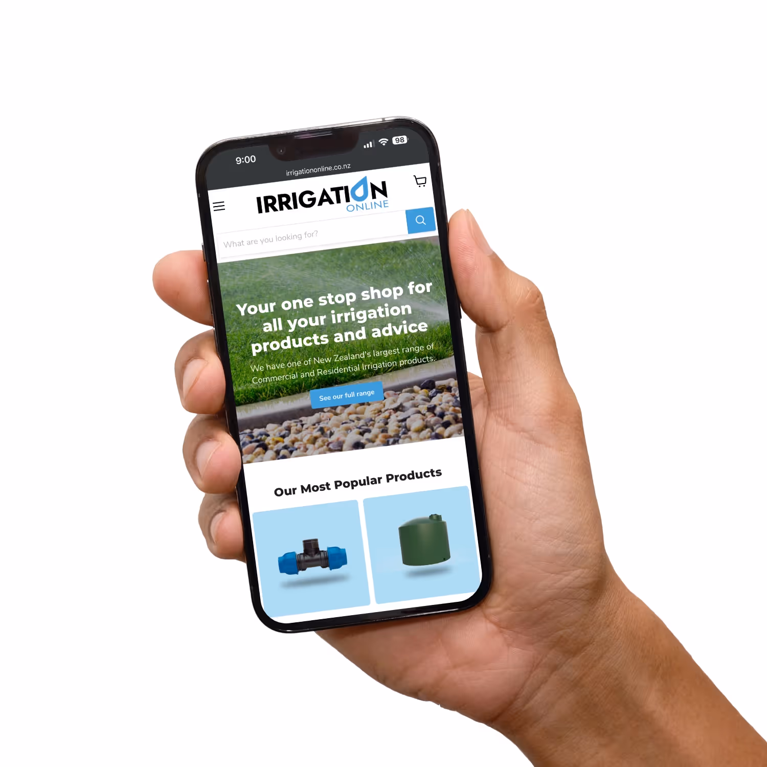 Hand holding mobile phone with website.