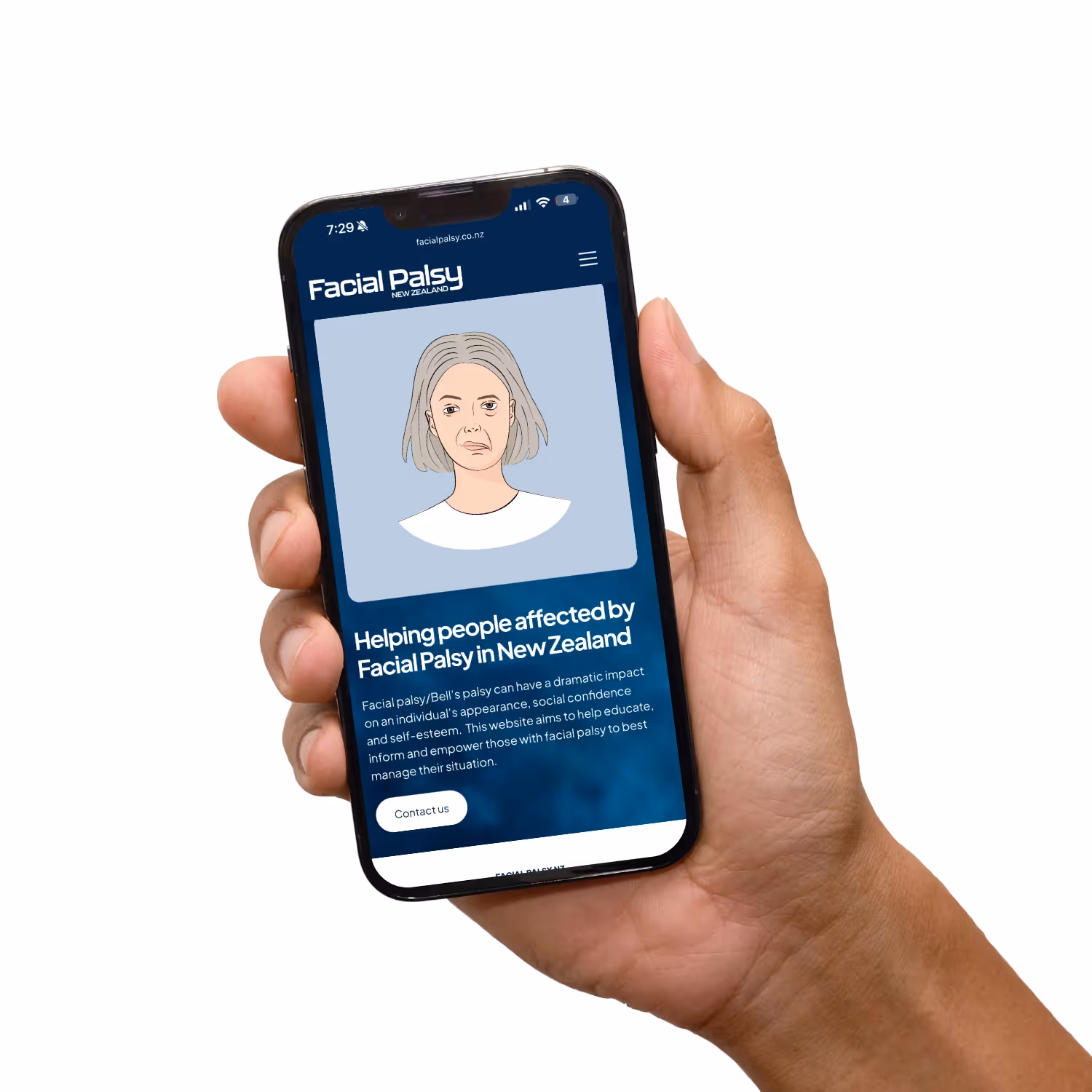 Hand holding mobile phone with website on it.