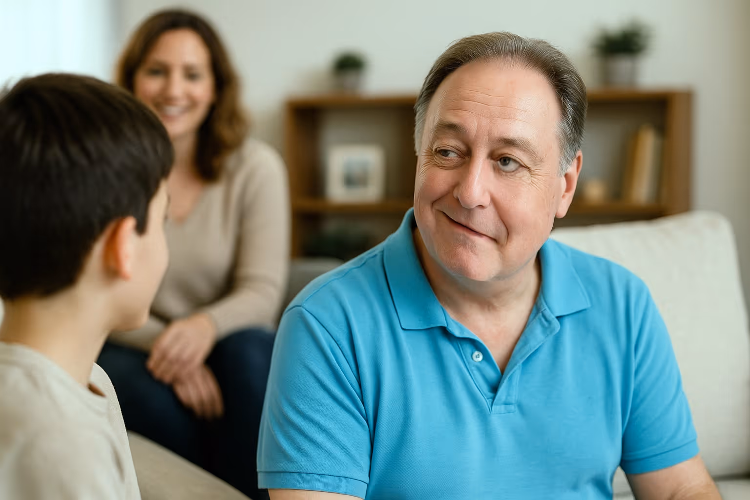 Man and child chatting on couch.