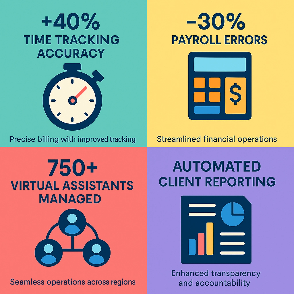  Infographic showing benefits of Apploye: accuracy, fewer errors, assistants managed, and reporting.