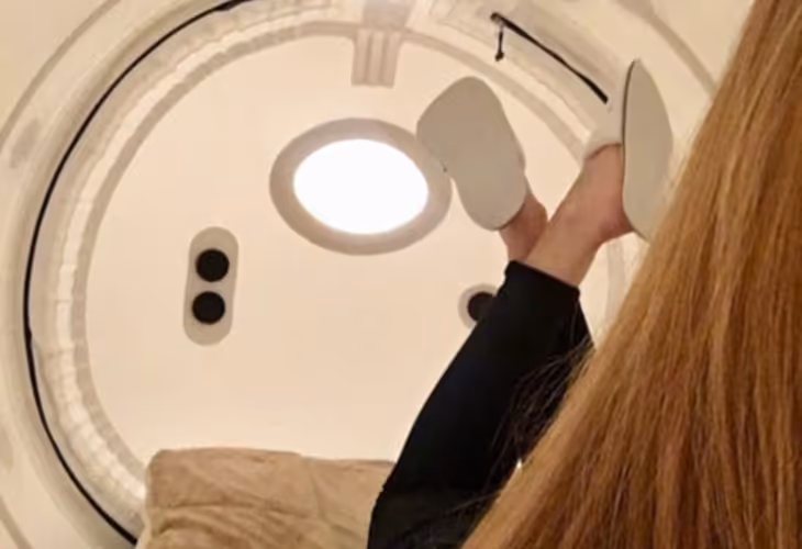Oxygen Therapy lady inside with legs crossed