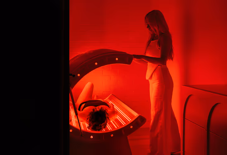 Red Light Therapy women opening the machine after