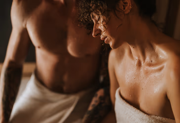 Infrared Sauna couple in deep meditation