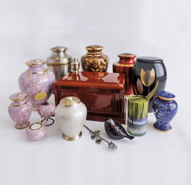 A collection of various cremation urns.