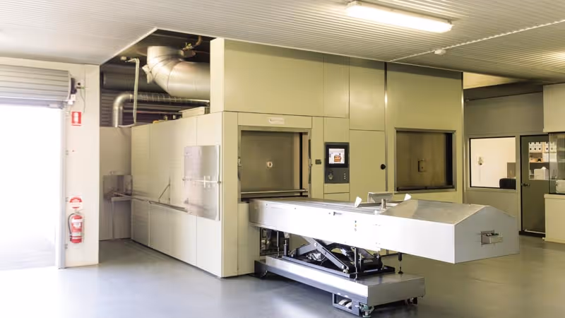 A cremator and equipment in a crematorium.