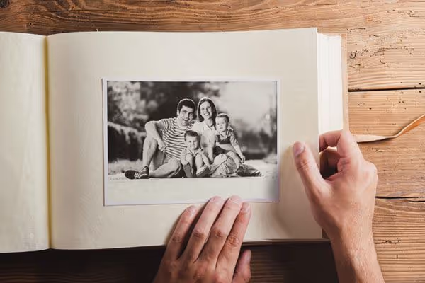 A pair of hands placing a black and white family photo into an album.