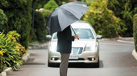 
A person holding a large umbrella is seen from behind, walking toward a silver car with its headlights on. The car is likely a hearse, with its front visible in the background. The person is dressed formally, wearing a dark jacket and tan pants, which suggests they could be a funeral director. The setting is a paved driveway surrounded by lush, green hedges, creating a somber, formal atmosphere.
