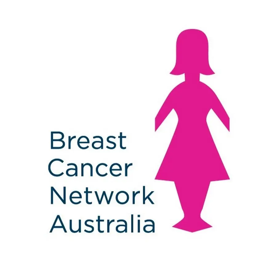 Breast Cancer Network Logo: A logo for Breast Cancer Network Australia featuring dark blue text next to a bright pink silhouette of a female figure.
