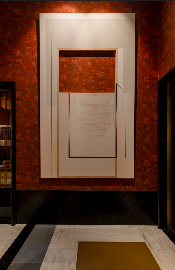 Off Centered Emanation, 2025, Acrylic on canvas and wood, 350 x 200 cm, 137 3/4 x 78 3/4 in