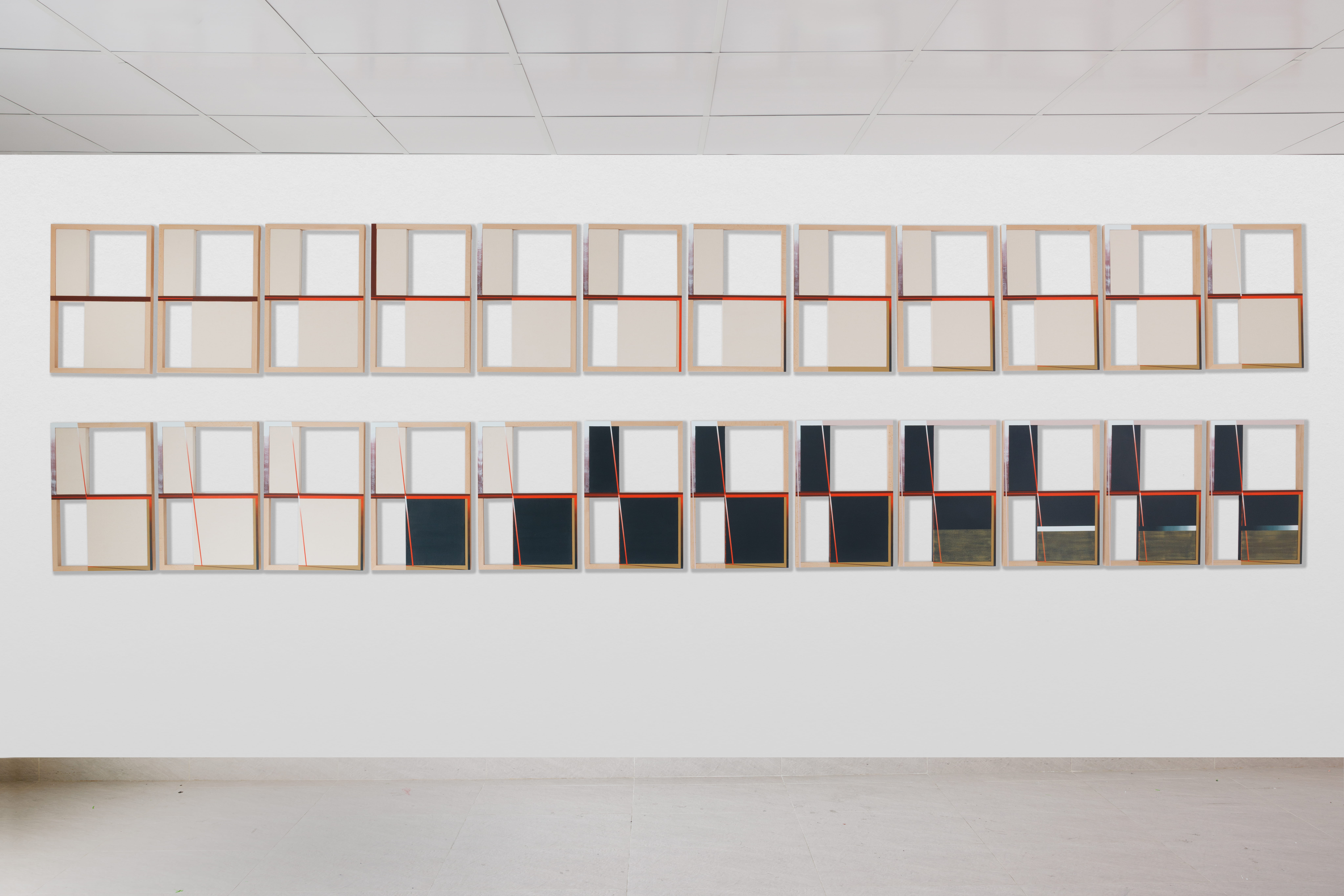 Off centered increment, 2025 60 x 40 cm each, 24 panels,  Acrylic on wood and canvas 