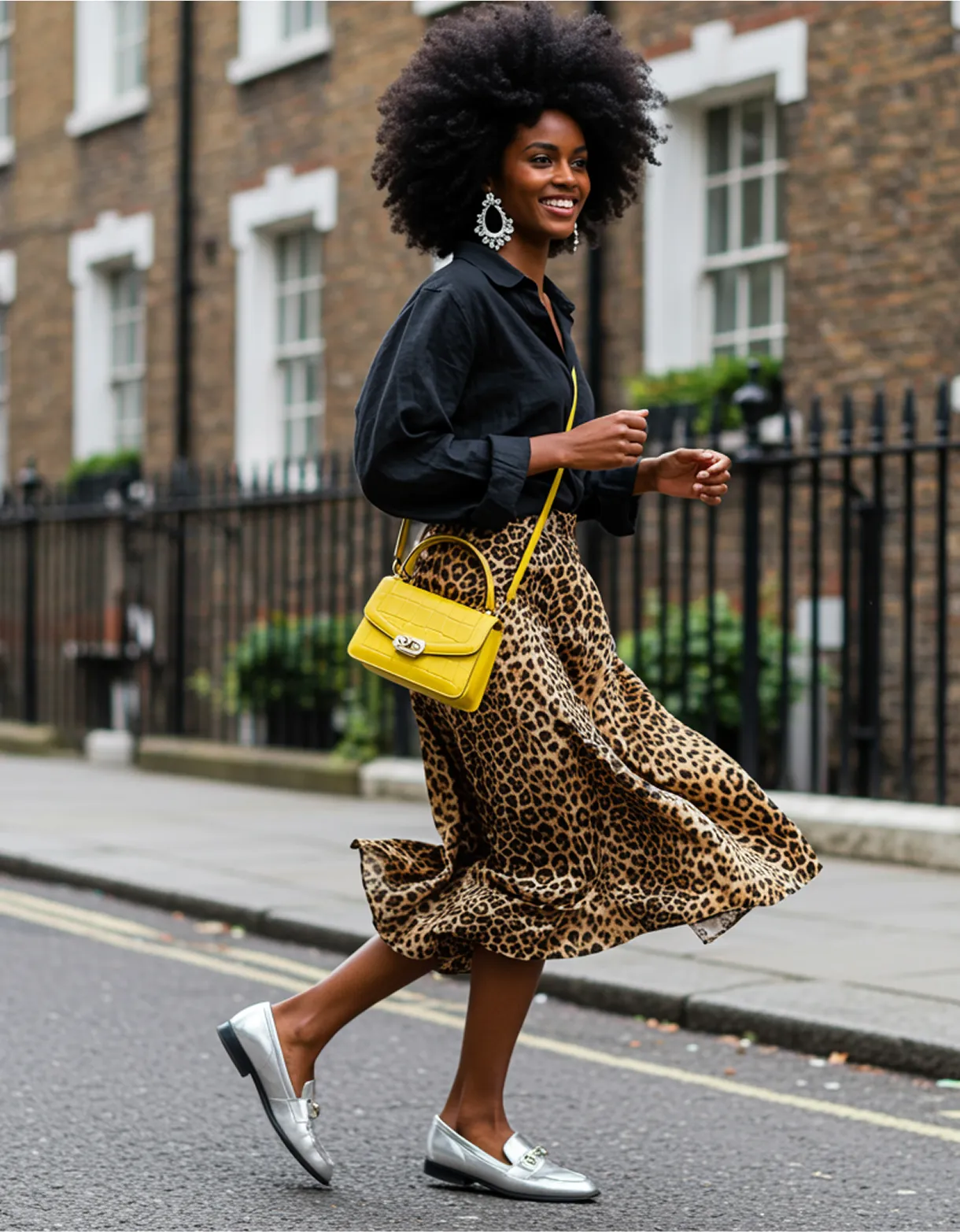 An AI generated look of a woman with curly hair and a yellow bag