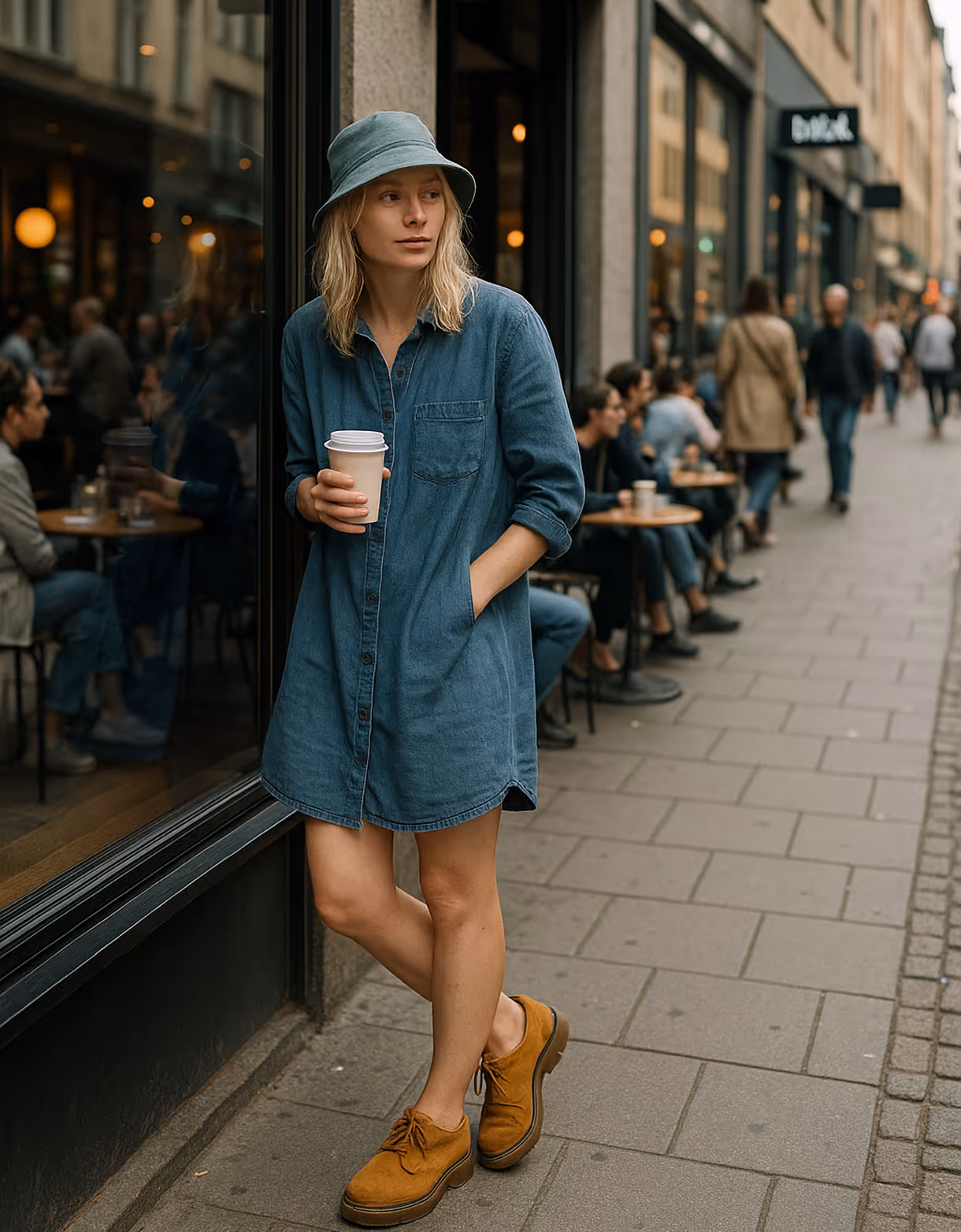 An AI generated look of a woman standing next to a reflective window