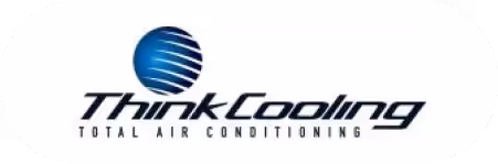 Think Cooling logo with blue wave graphic and tagline “Total Air Conditioning” inside a white oval background.