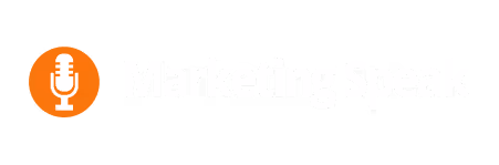 Marketing Speak logo featuring a white microphone inside an orange circle with white text on a black background.