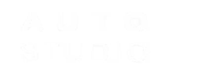 Auto Studio logo in all caps, white text on a black background, representing a modern automotive brand or service.