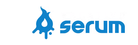 Creative Serum logo with a stylized blue droplet design and brand name in lowercase on a dark background.