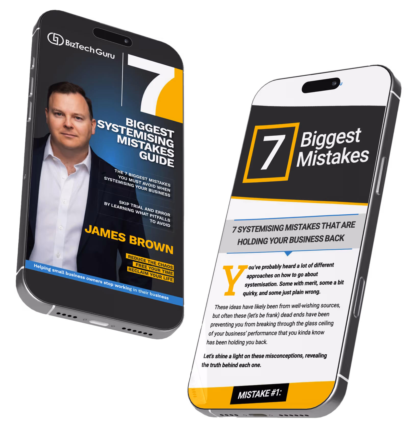 Two smartphones displaying the cover and inside preview of a digital guide titled "7 Biggest Systemising Mistakes," featuring James Brown, CEO of Biztech Guru.