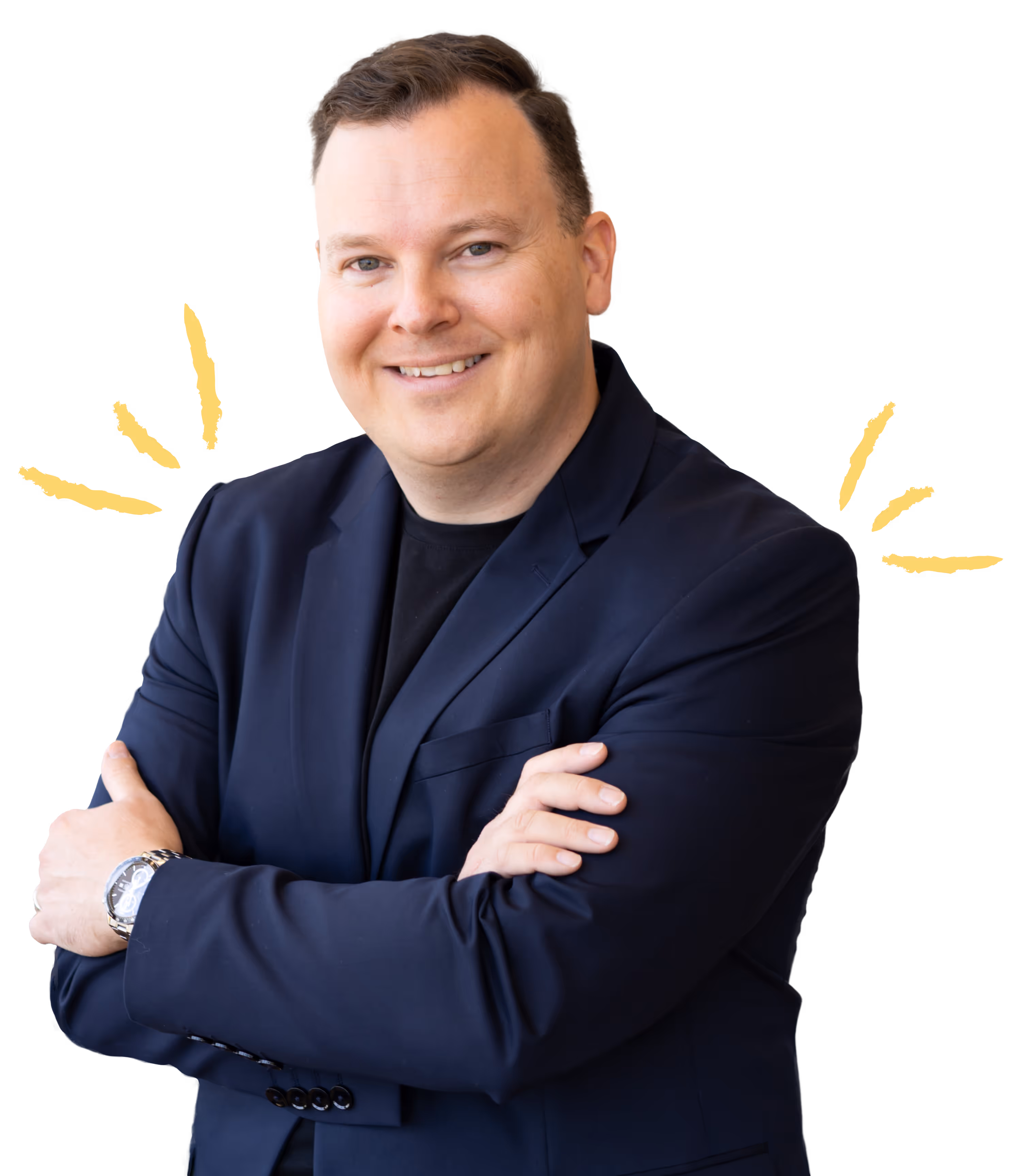 James Brown, CEO of Biztech Guru, standing with arms crossed and smiling at the camera, highlighted by yellow accent lines on a clean dark background.