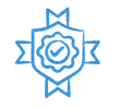 Blue icon of a ribboned badge with a checkmark, representing verified quality, certification, or achievement.