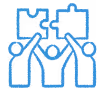 Blue icon of three people holding up interlocking puzzle pieces, representing teamwork and strategic problem-solving.