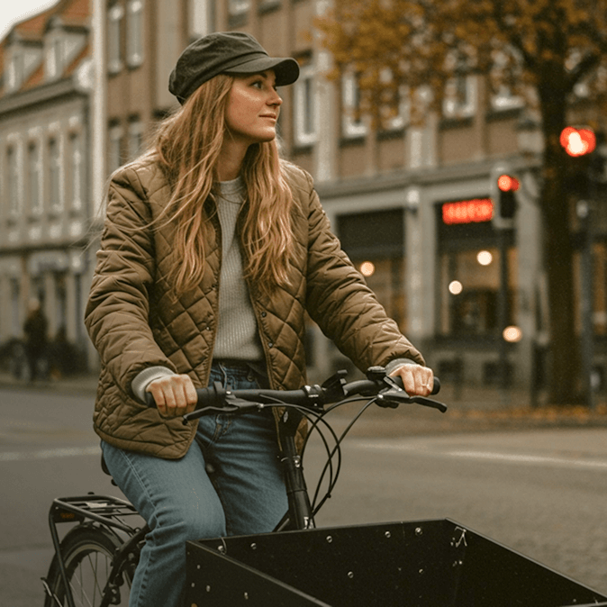 Girl sitting on cargobike in the city