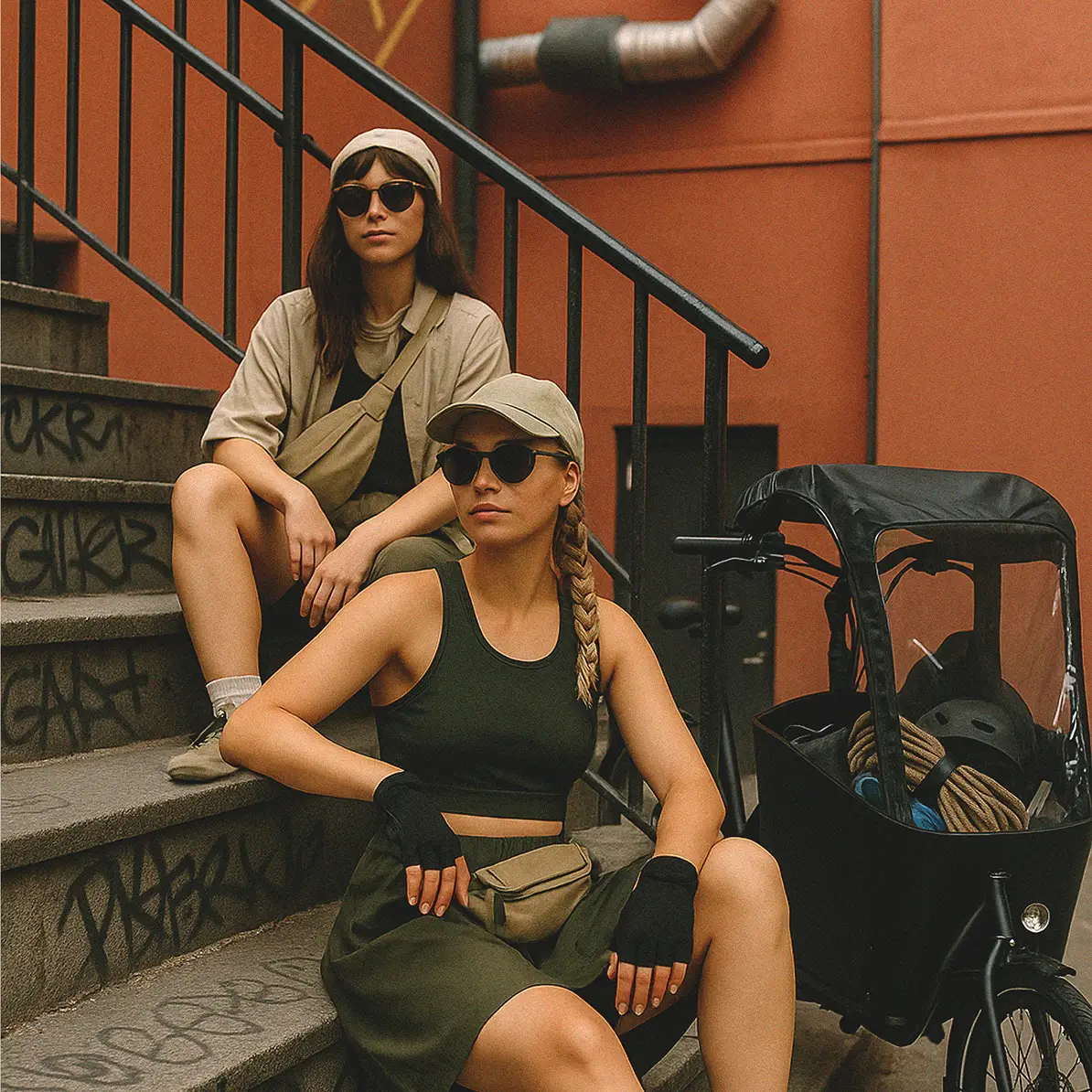 Two girls sittin on stair
