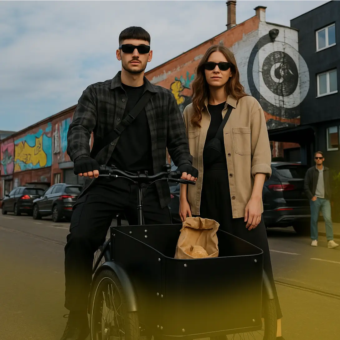 Couple in front behind a cargobike