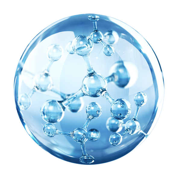 L’image présente une représentation stylisée d’une molécule, enfermée dans une sphère transparente aux reflets brillants