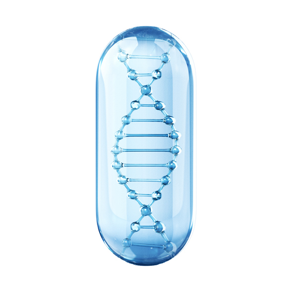 L’image présente une capsule translucide bleue, lisse et brillante, contenant en son cœur une hélice d’ADN stylisée